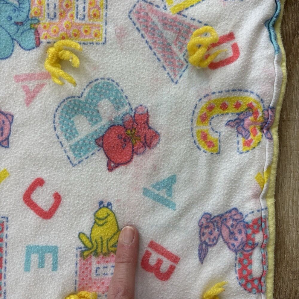 Vtg Baby Blanket Alphabet Nursery Animals 90s Fleece Handmade Cat Bear Elephant - Picture 3 of 11